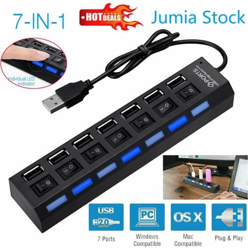 7 Port USB 2.0 High Speed Hub Powered Splitter ON/OFF Switch Power Adapter